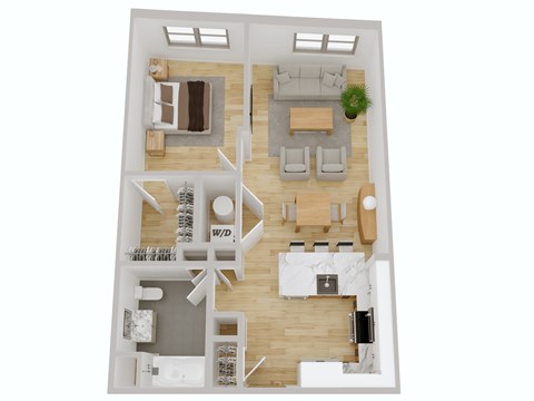 A top-down view of a house layout with a living room, dining area, kitchen, and a staircase leading to an upper level.